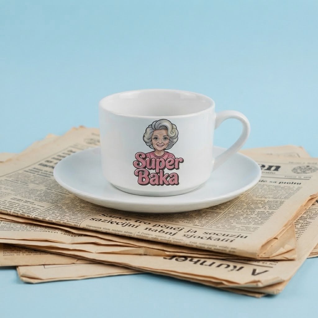 Bela šoljica sa tacnom, crtežom lika bake, natpis Super Baka